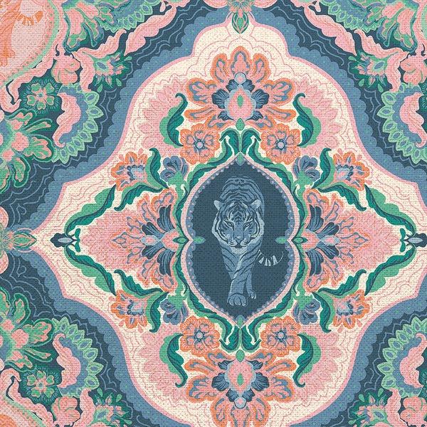 Pieces Of India Canvas-Damask Jungle Cats Blue/Pink 36025695
