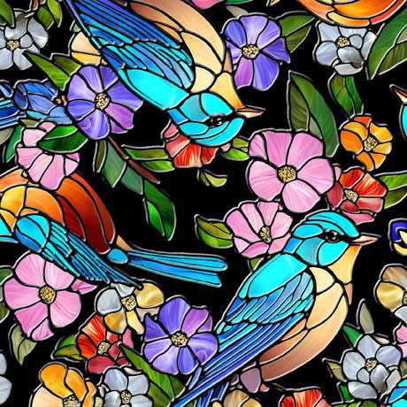 Sunlit Birds-Stained Glass Birds & Floral Black 2600-37093-J