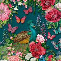 Wild Garden-Peacocks & Flowers Teal W100-003-919