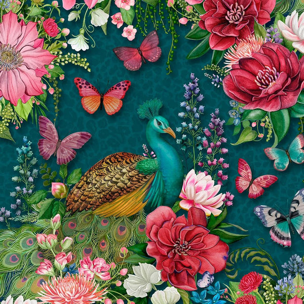 Wild Garden-Peacocks & Flowers Teal W100-003-919