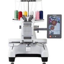 A Brother 6-Needle Professional Embroidery Machine with spools of thread and a digital display.
