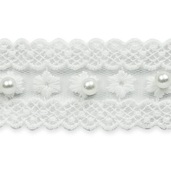 Vintage Flower W/ Pearl Bridal Lace 1-1/4" White - IR7057WH