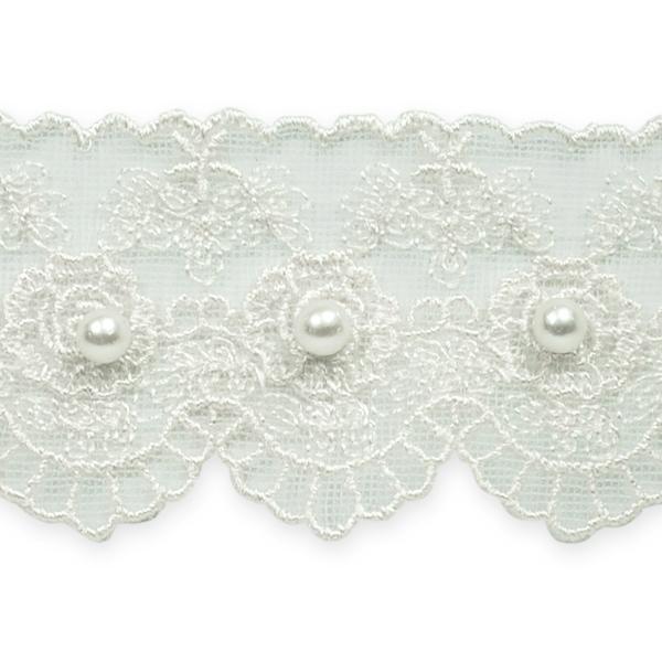 Vintage Roses W/Pearl Bridal Lace Trim 1-5/8" IR7050WH - White