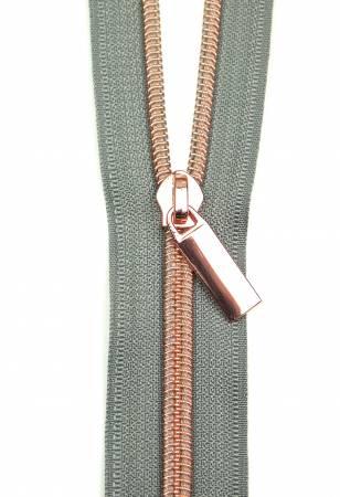 Zippers By The Yard Grey Tape 3 yds #5 nylon coil & 9 pulls rose gold